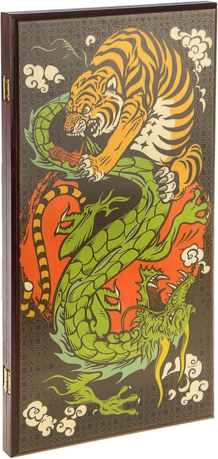 20" Wood Backgammon Game Set Tiger and Dragon