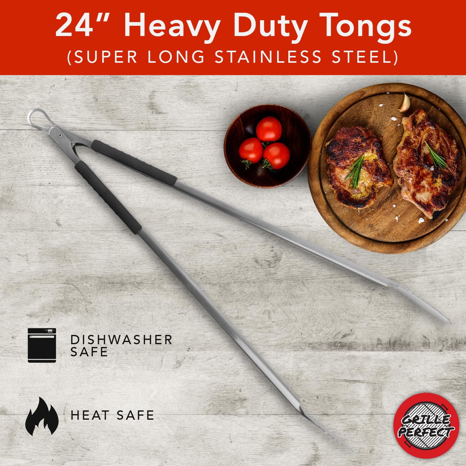 Grill Tongs 24-Inch Super Long Extra Heavy Duty for Grilling and Barbecue Heat Resistant Hand Grips Stainless Steel for BBQ Outdoor Kitchen and Cooking Hot Grilled Food