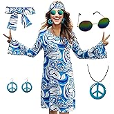 MRYUWB 70s Hippie Dress Costumes Necklace Earrings Sunglass Women Disco Outfit, 60s Party Costume, Halloween Retro Dresses