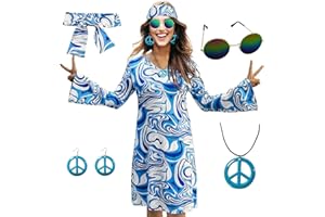 MRYUWB 70s Hippie Dress Costumes Necklace Earrings Sunglass Women Disco Outfit, 60s Party Costume, Halloween Retro Dresses