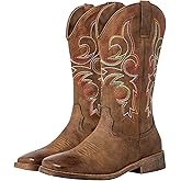 WrangWalker Fashion Cowboy Boots for Women Wide Square Toe Mid Calf Western Cowgirl Boots