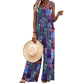 Ekouaer Women's Casual Overalls Loose Wide Leg Jumpsuits Summer Boho Floral Printed Baggy Rompers with Pockets