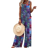 Ekouaer Women's Casual Overalls Loose Wide Leg Jumpsuits Summer Boho Floral Printed Baggy Rompers with Pockets