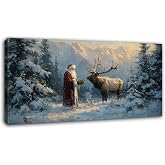 EIDOGRAF Santa Claus Wall Art, Christmas Winter Woodland Painting Santa Reindeer Canvas Prints, Vintage Winter Scene Pictures for Wall Decor, Rustic Holiday Framed Artwork for Living Room 32x16 Inches