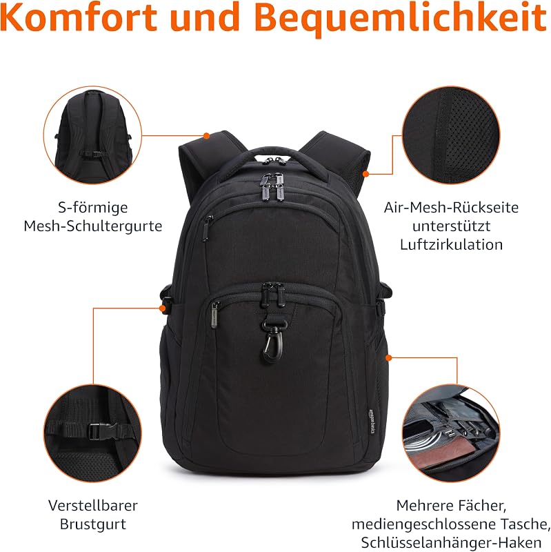 Laptop Rucksack für 43,2cm (17 Zoll) Laptop, Wasserabweisend, mit Gepäckgurt und Brustgurt, für Reisen, Schule oder Büro, Schwarz