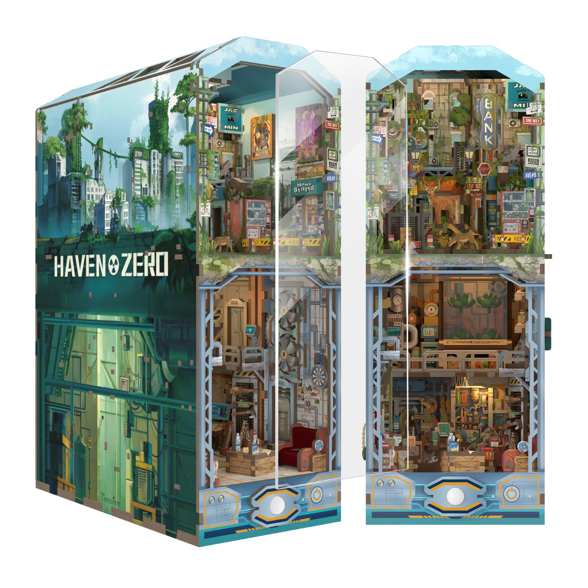Tonecheer DIY Book Nook Kit, Haven Zero 3D Puzzle Wooden Miniature House Kit for Adults, Booknook Set Dollhouse Bookshelf Decor Bookend with Dust Cover and LEDs — image 1