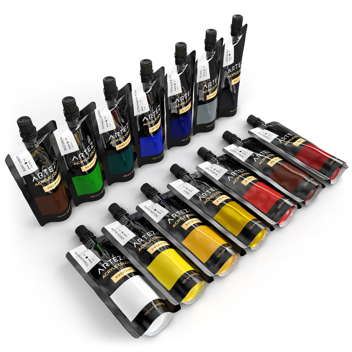 ARTEZA Acrylic Paint, Set 14 Colors/Pouches (120 ml/4.06 oz.) with