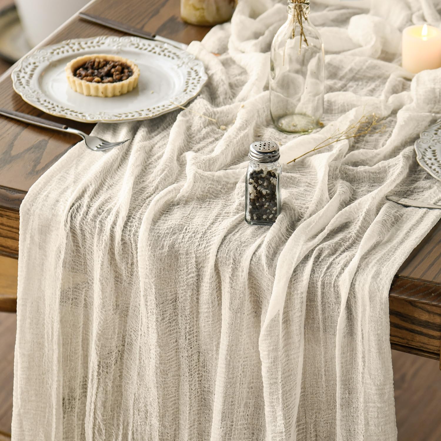 Photo 1 of Artoid Mode Boho Cheesecloth Gauze Beige Wedding Table Runner, 120 Inch Seasonal Fabric Kitchen Dining Holiday Table Decor for Home Party Indoor