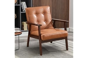Bonzy Home Mid Century Modern Accent Chair for Living Room, Upholstered Faux Leather Armchair Comfy Retro Bedroom Side Chair with Solid Wood Frame, Orange