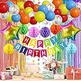 ZERODECO Rainbow Birthday Decorations, Multicoloured Fringe Backdrop Happy Birthday Banner Honeycomb Balls Pompoms Foil Balloons for Kid Baby Boy Girl Colorful Party Decorations