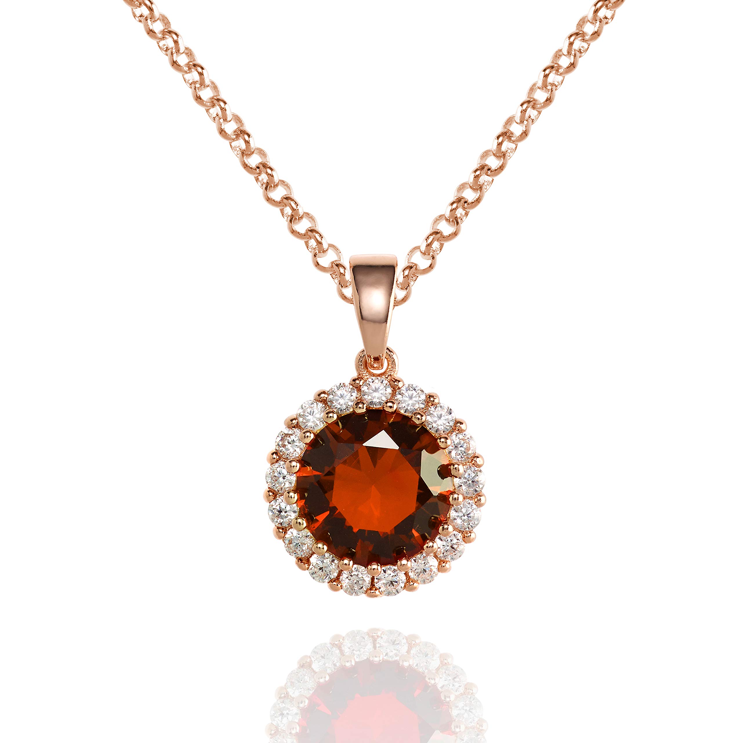 namana Halo Necklace with a Ruby Red Cubic Zirconia. Rose Gold Halo Drop Pendant Necklace with a Red Stone
