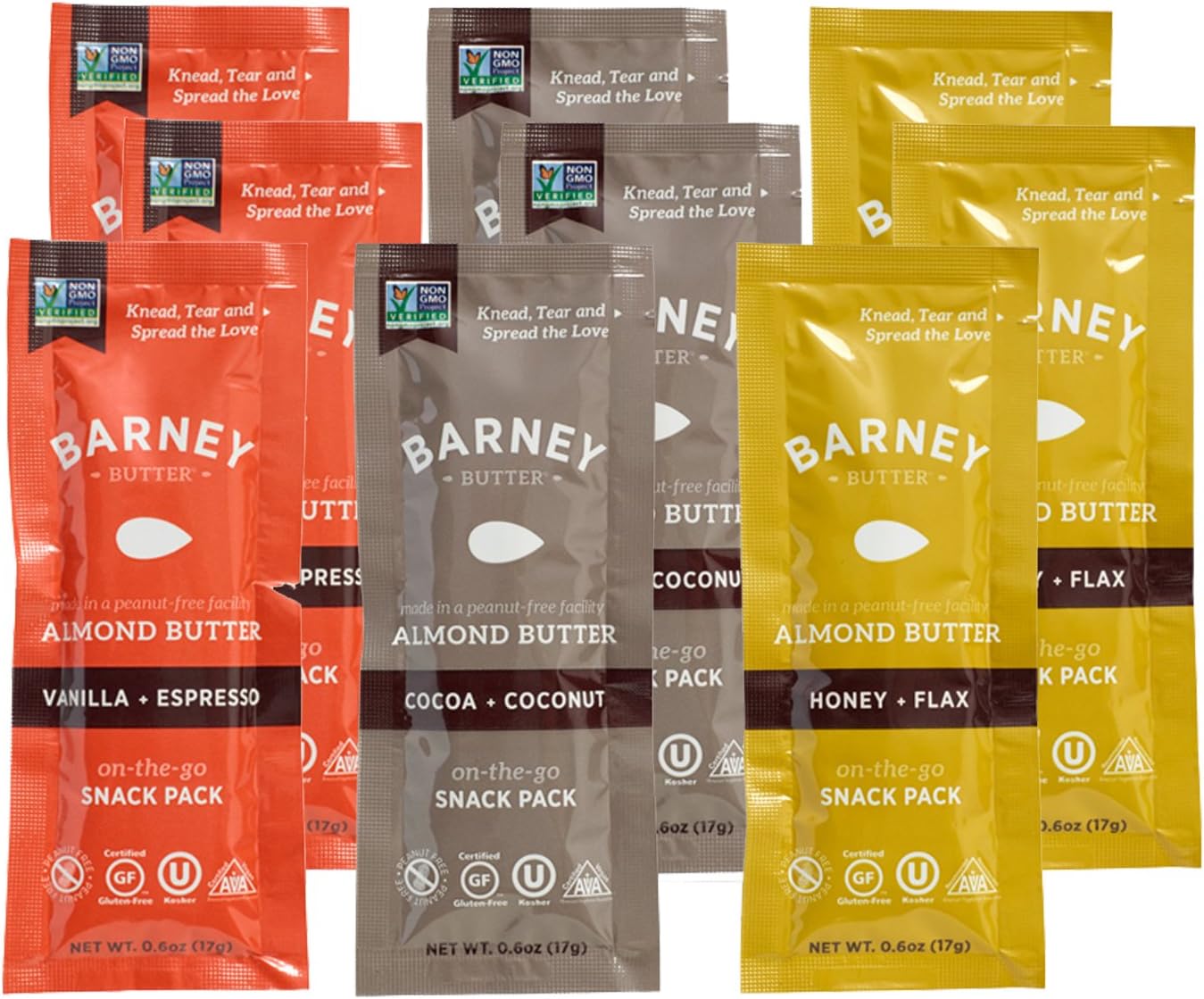 Barney Butter Almond Butter Flavor Variety Snack Pack (Pack of 9 with 3 Flavors) | Gluten Free | 0.6 Ounce | Cocoa + Coconut, Honey + Flax, Espresso + Vanilla