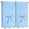 Fanfanwin 2 Pcs Scalloped Hand Towels for Bathroom 26 X13 Embroidery Coquette Bow Hand Towels 100% Cotton Soft Absorbent Boho Bath Decor for Kitchen Bathroom