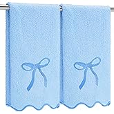 Fanfanwin 2 Pcs Blue Scalloped Hand Towels for Bathroom 26 x 13 Embroidery Coquette Bow Hand Towels 100% Cotton Soft Absorbent Boho Bath Decor for Kitchen Bathroom