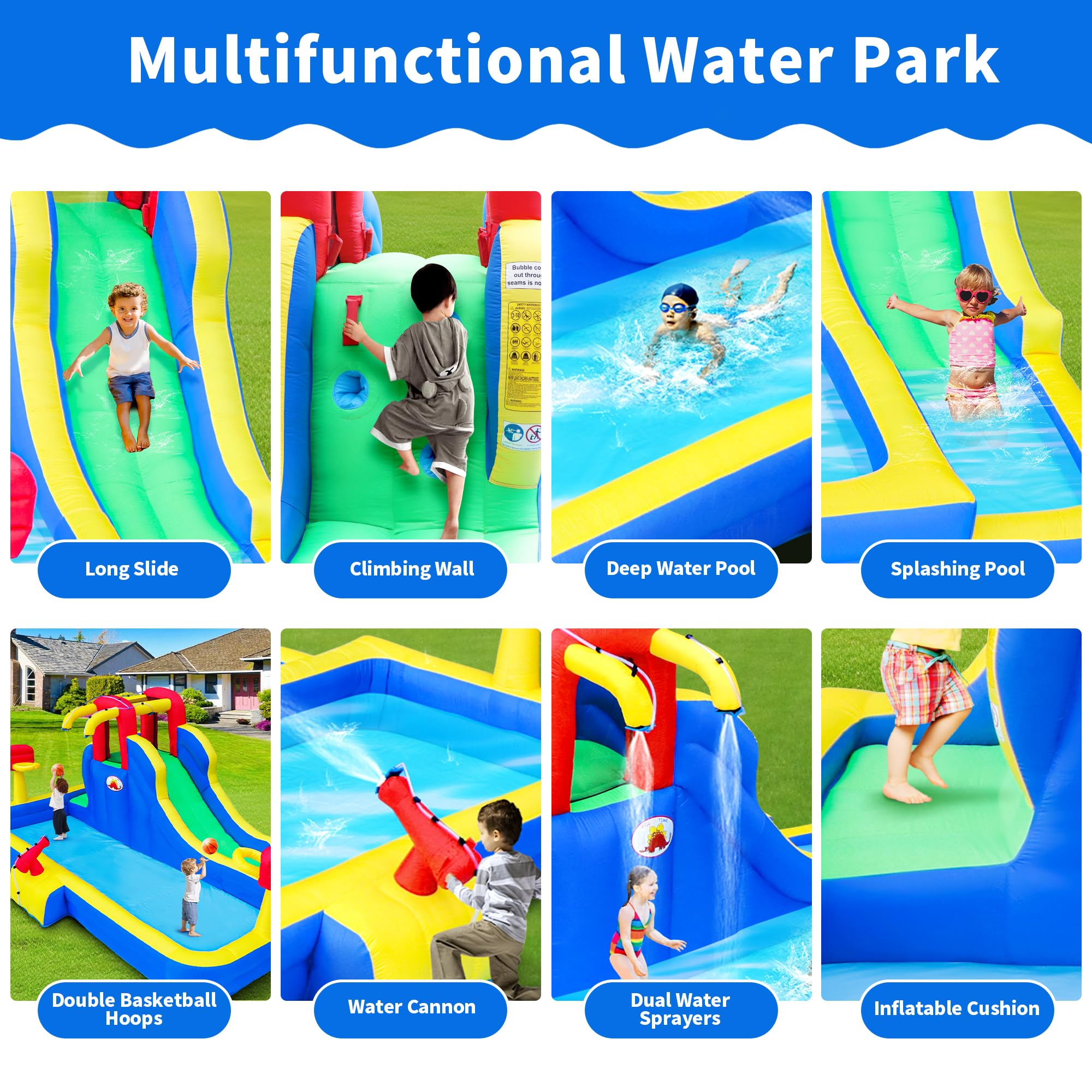 WELLFUNTIME Inflatable Water Park with Blower, Bouncy Castle with Water Cannon and Double Basketball Rings