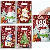 TESKEUP Christmas Gift Bags with Handles - 100 Pcs Christmas Treat Goodie Bags, Plastic Small Xmas Favor Bags Bulk for Candy Cookies Snacks Xmas Holiday Party Favors Supplies