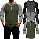 August Alley 3 Pack Men's 3/4 Sleeve Baseball Raglan T-Shirts S-3XL, Henley Tops Sport Athletic Jersey Tee Buttons Shirts