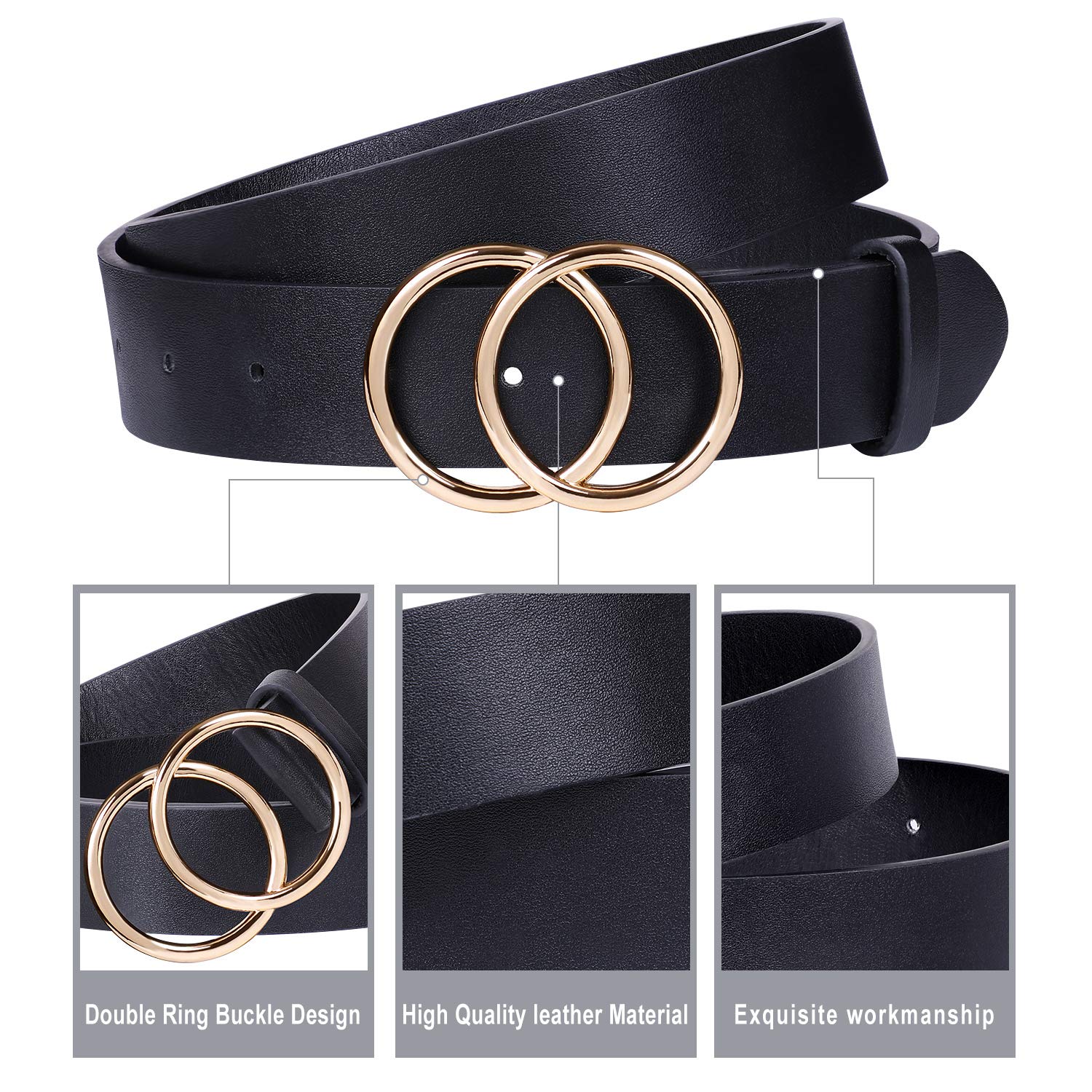 2 Pack Women Leather Belts for Jeans Pants,WERFORU Ladies Plus Size Waist Belts with Double O-Ring Buckle,Suit for Pants Size 26-30 Inches,Black+Leopard