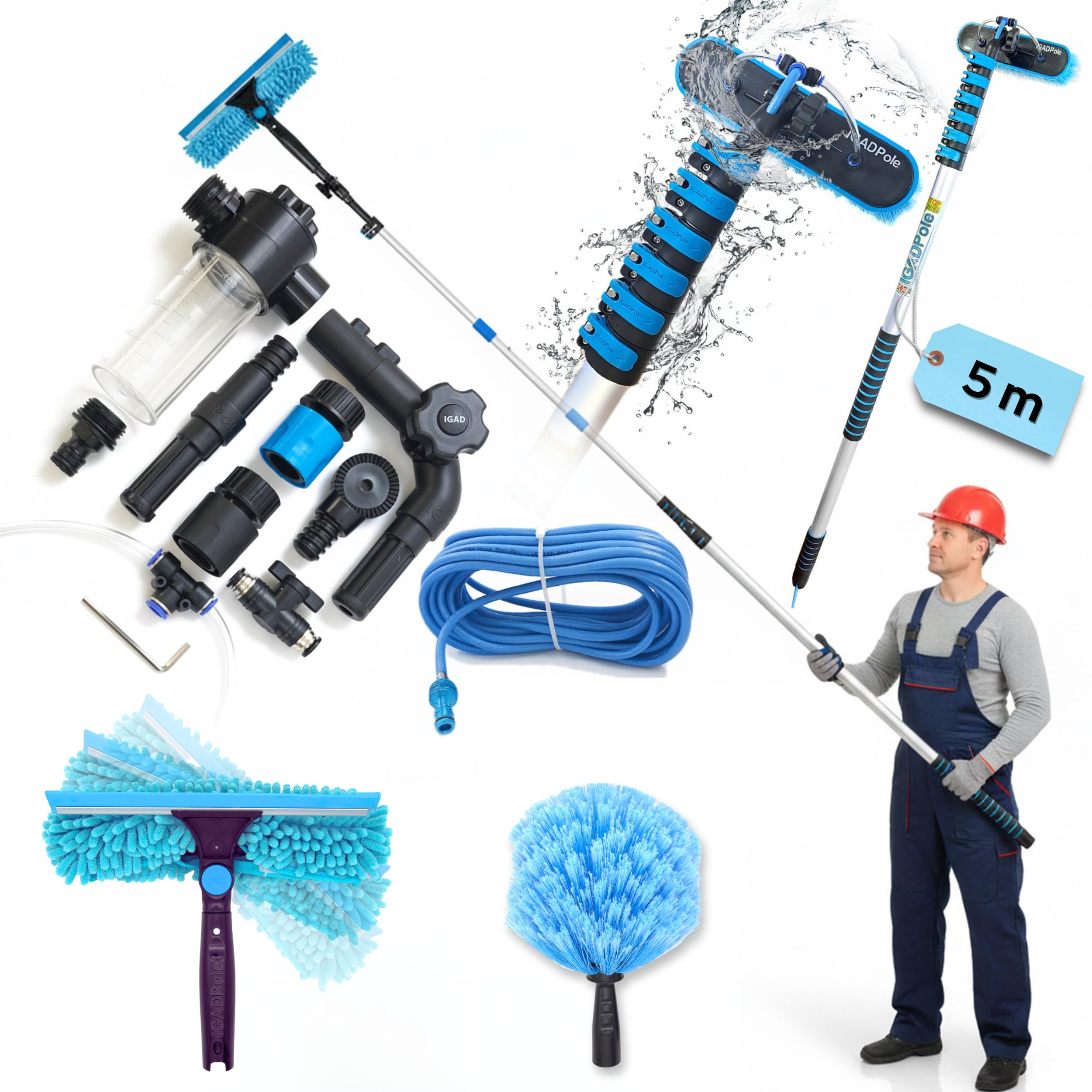 Photo 1 of 23ft IGADPole Washing Kit: Water-fed Brush, Cobweb Duster and 10” Squeegee and Soap Dispenser, with 4-Stage Telescoping Pole 5-17ft Pole