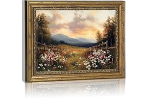 Vintage Gold Framed Wall Art, Retro Wildflower Canvas Print, Rustic Farmhouse Sunset Painting for Living Room, Bedroom, Office, 9x11 Inch - 1