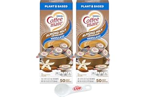 Nestle Coffee mate Plant Based Liquid Coffee Creamer Singles, Vanilla Flavored Almond Milk, 50 Ct Box (Pack of 2) with By The Cup Coffee Scoop