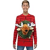 Reindeer Head in Wreath 3D Ugly Christmas Sweater for Adults, Funny Holiday Xmas Sweaters, Festive Knit Crewneck