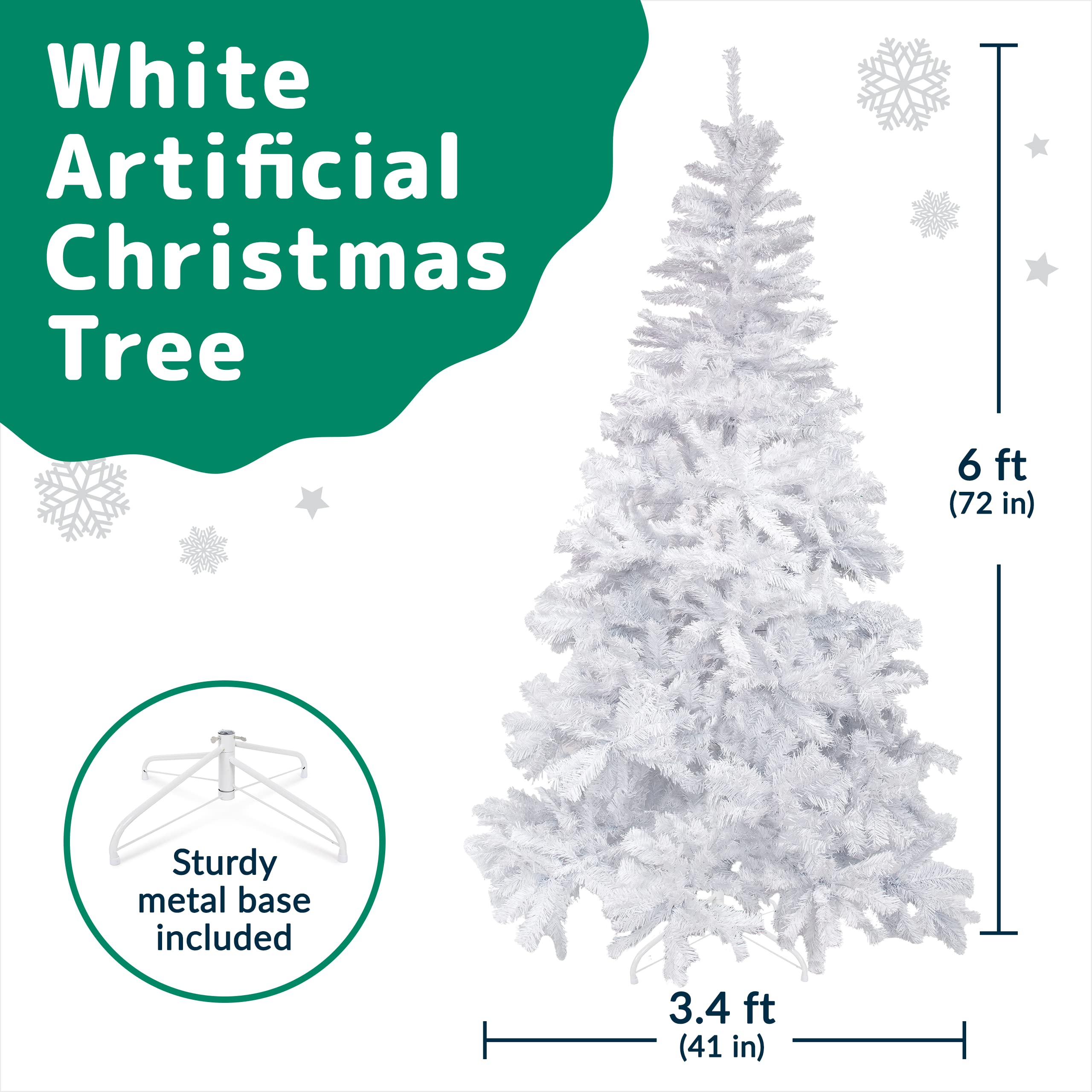 PREXTEX 6 Foot White Christmas Tree - 6ft Artificial Spruce with 1200 Tips and Metal Stand - Xmas Tree White Hinged and Lightweight for Easy Assembly - Fake Frosted Christmas Tree