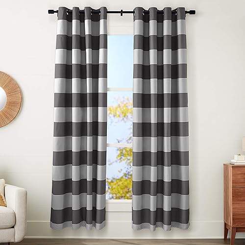 Amazon Basics Room-Darkening Blackout Curtain Set with Grommets - 52" x 96", Dark Grey/Light Grey Stripe
