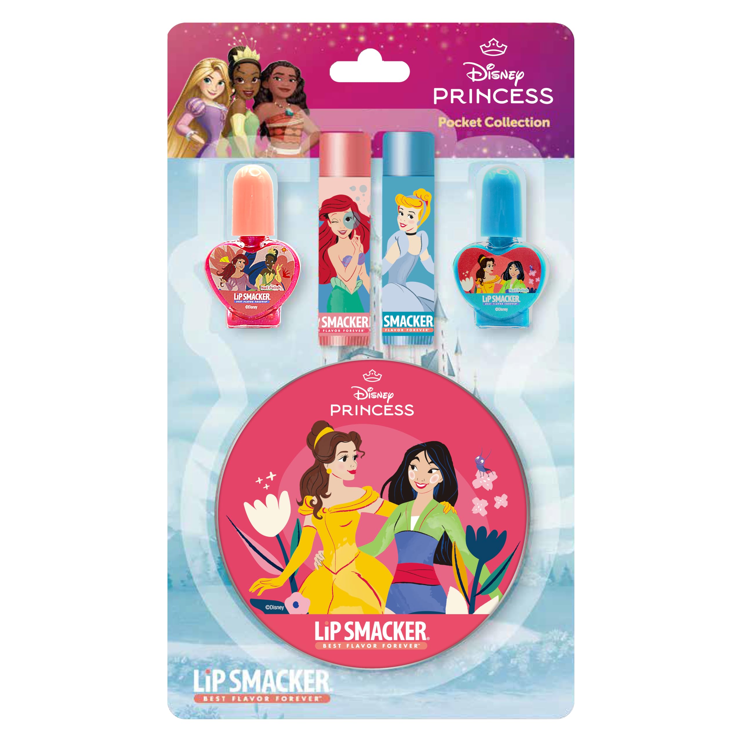Lip Smacker Princess Beauty Pocket Collection, 4-Piece Disney Princess Set Including Lip Balms & Nail Polish - Cute Makeup Tin
