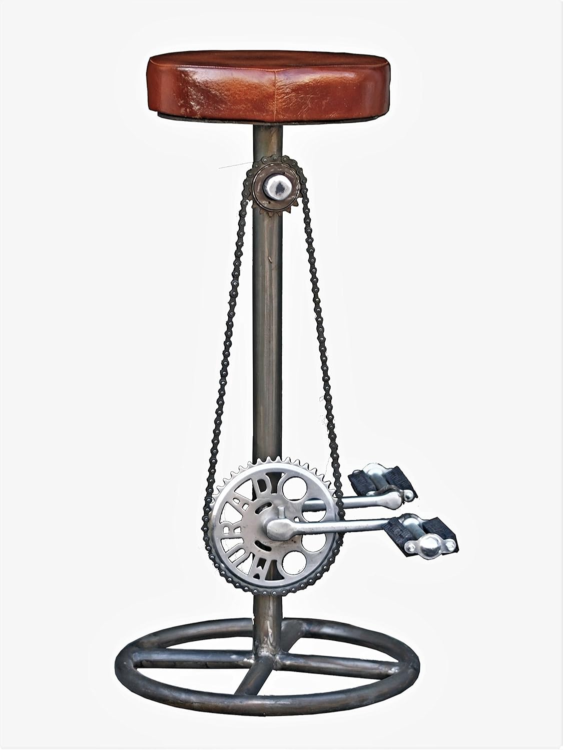 Bicycle Pedal Vintage Industrial Style Metal and Leather Bar Stool