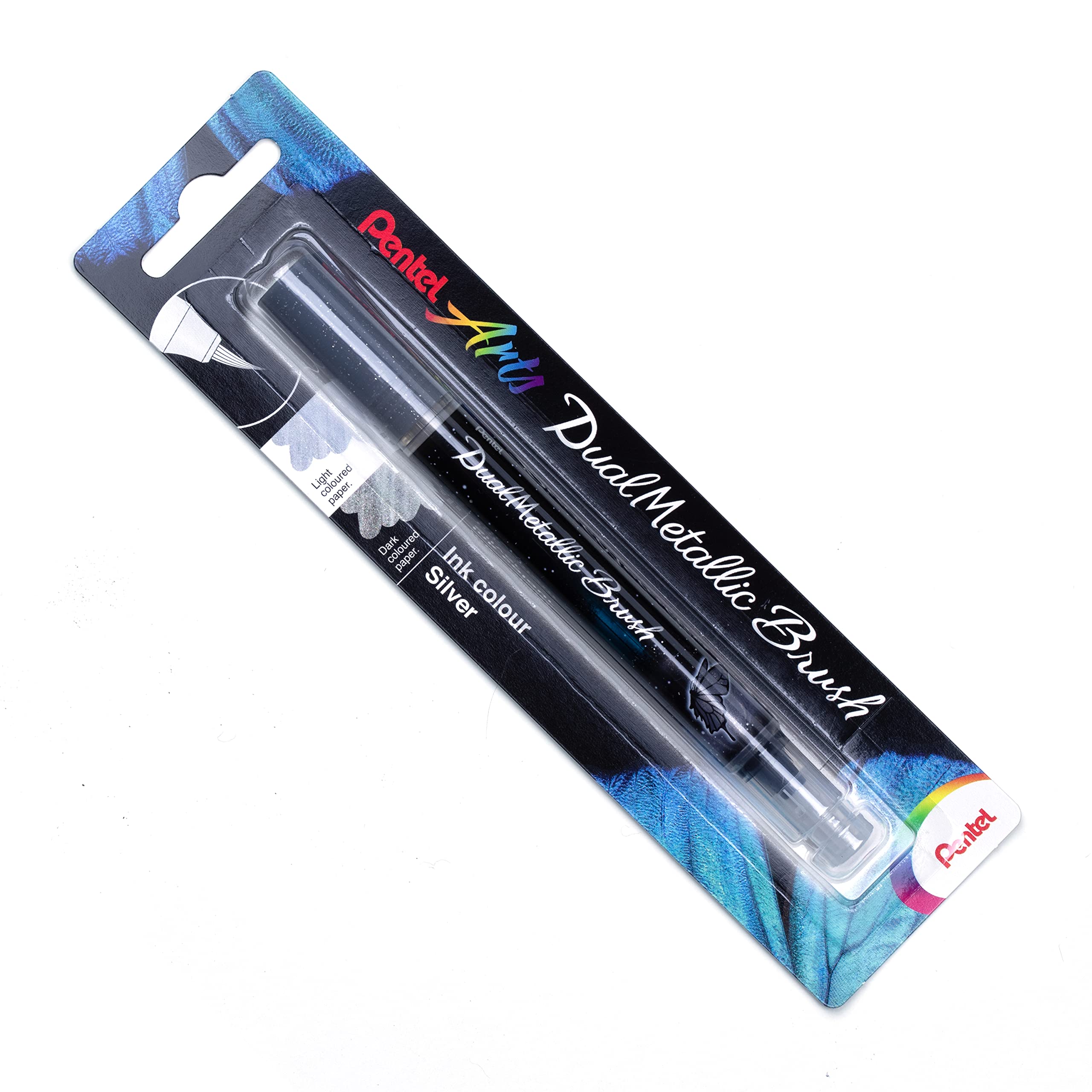 Pentel XGFH-DZX Dual Metallic Brush Pen, Depending on Paper Colour, Filled with Iridescent Glitter Ink, Nylon Fibres, Fine to Wide Stroke, Silver/Metallic Silver, Pack of 1 on Blister Card