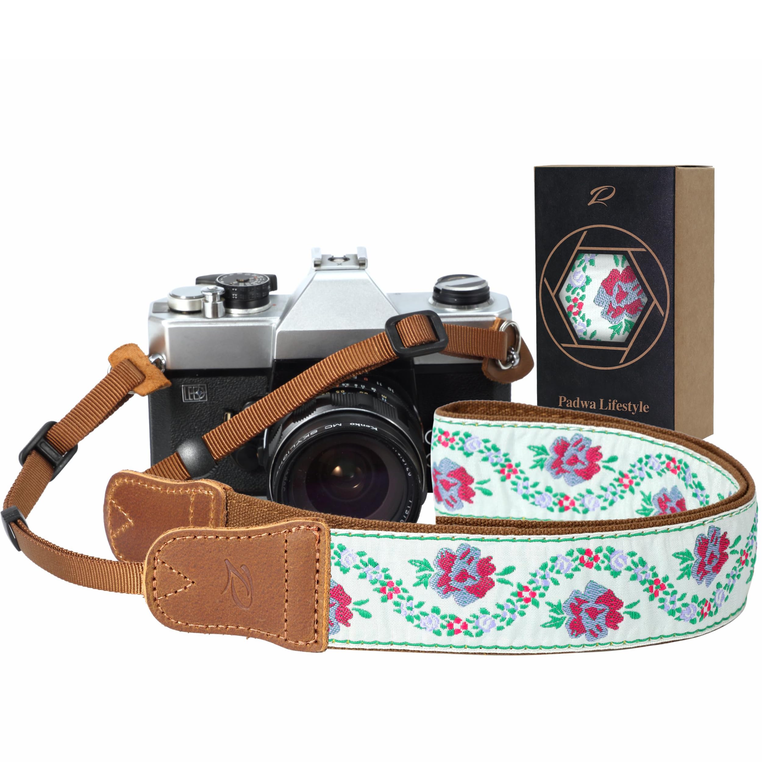 Camera Strap - 1.5" Cowhide Head Shoulder Neck Strap ,Retro Jacquard Embroidery Multi-pattern camera straps for Cameras and Binoculars,Cute Adjustable Thin Strap for Adults & Kids(Pink Jacquard）