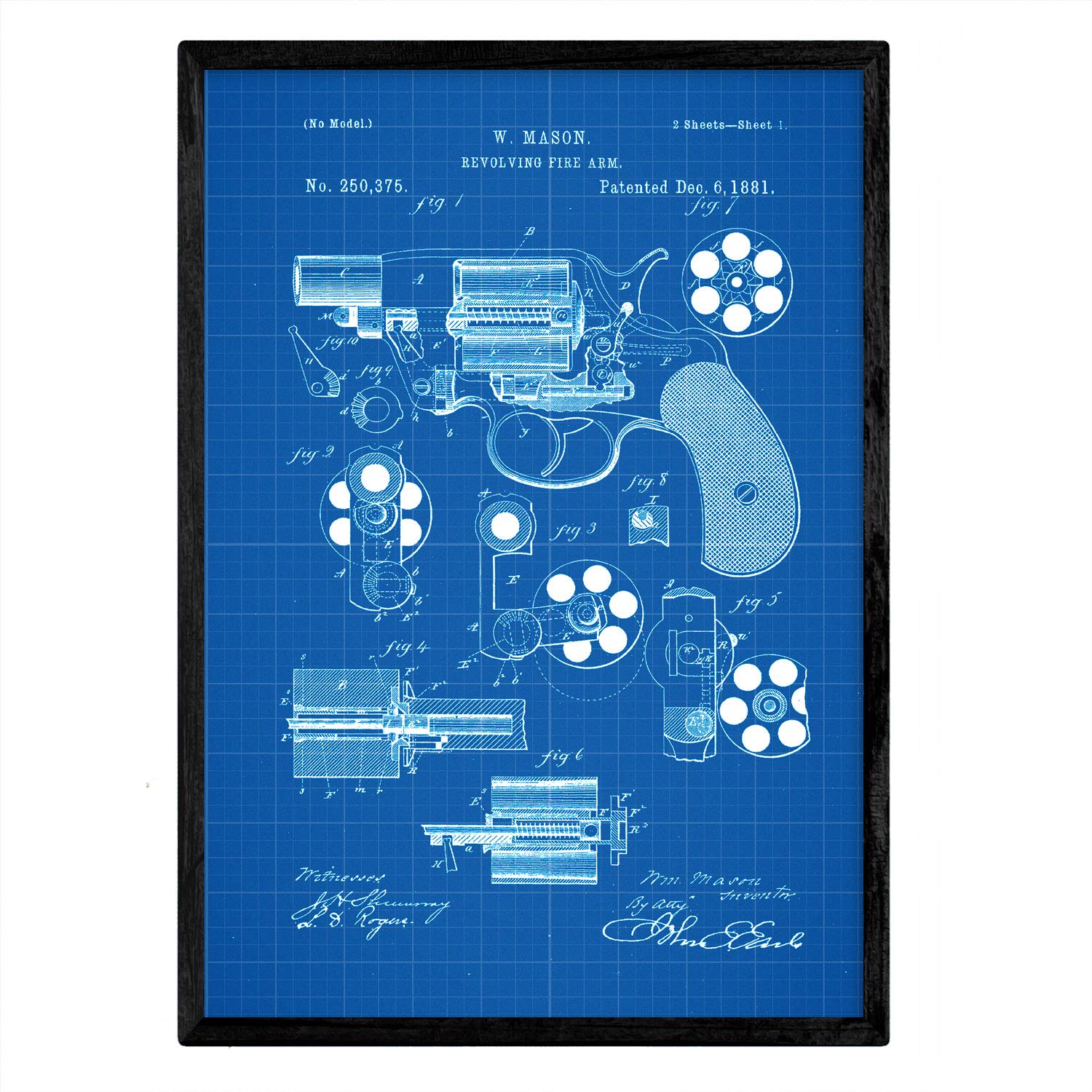 Nacnic Poster patent Revolver. Sheet with old design patent A3 size with blue background
