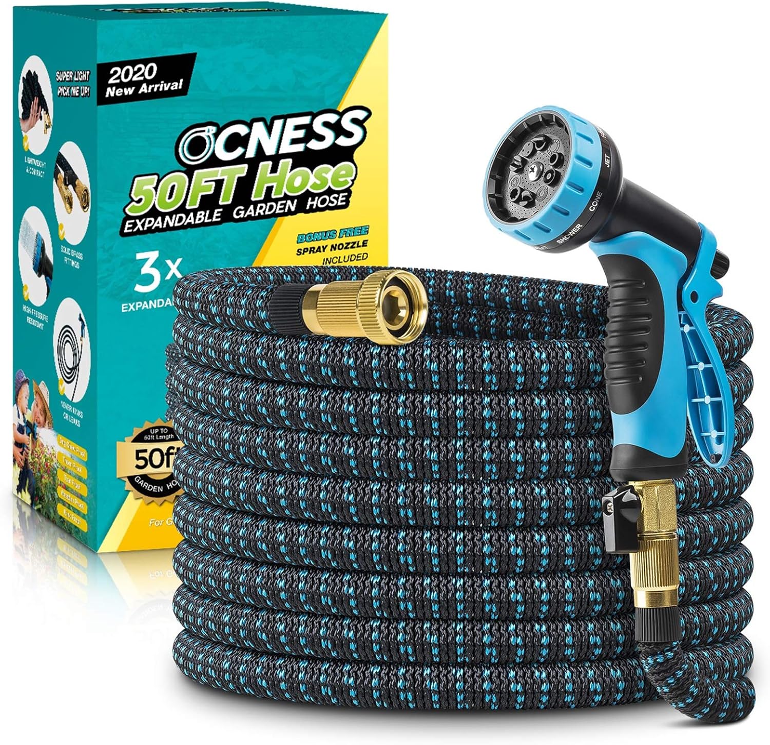 OCNESS Expandable Garden Hose, 75ft Lightweight Flexible Water Hose with 9 Function Spray Nozzle, 3/4" Solid Brass Fittings, Double Latex Core, Durable Fabric, Expanding Hose for Lawn Car Pet Washing : Garden & Outdoor