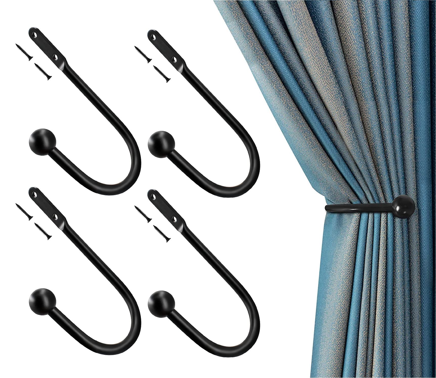 TERF® Traditional Vintage Style U Shaped Black Curtain Hold Back Tie Back Hooks Tassel Holder Hook Window Wall Mounted Curtain Tie Back Holder Hooks With Fixing Screw - Pack of 4