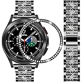 DEALELE Bands Compatible with Samsung Galaxy Watch 4 Classic (46mm), 20mm Luxury Rhinestone Diamond Metal Steel Bracelet with Watch Face Bezel Ring Case Cover Replacement for Women Men (Black)