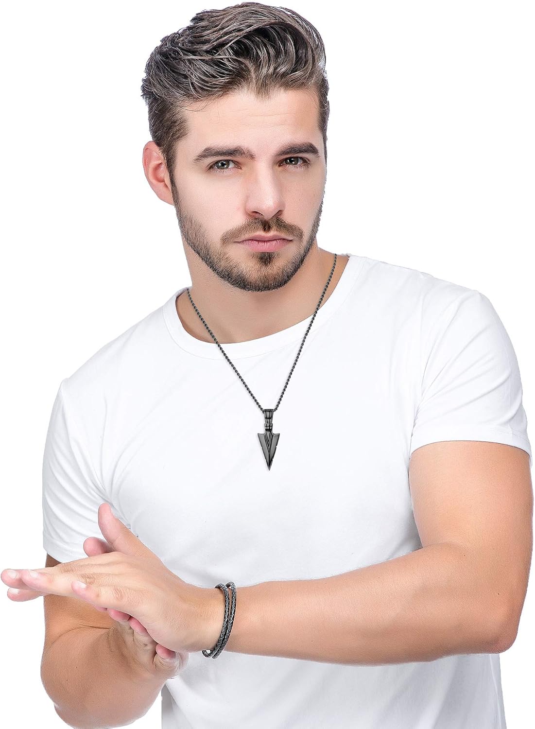 Jstyle Stainless Steel Pendant Necklace for Mens Boys Cool Spearpoint Arrowhead Pendant Chain Necklace Set Black & Silver Tone | 