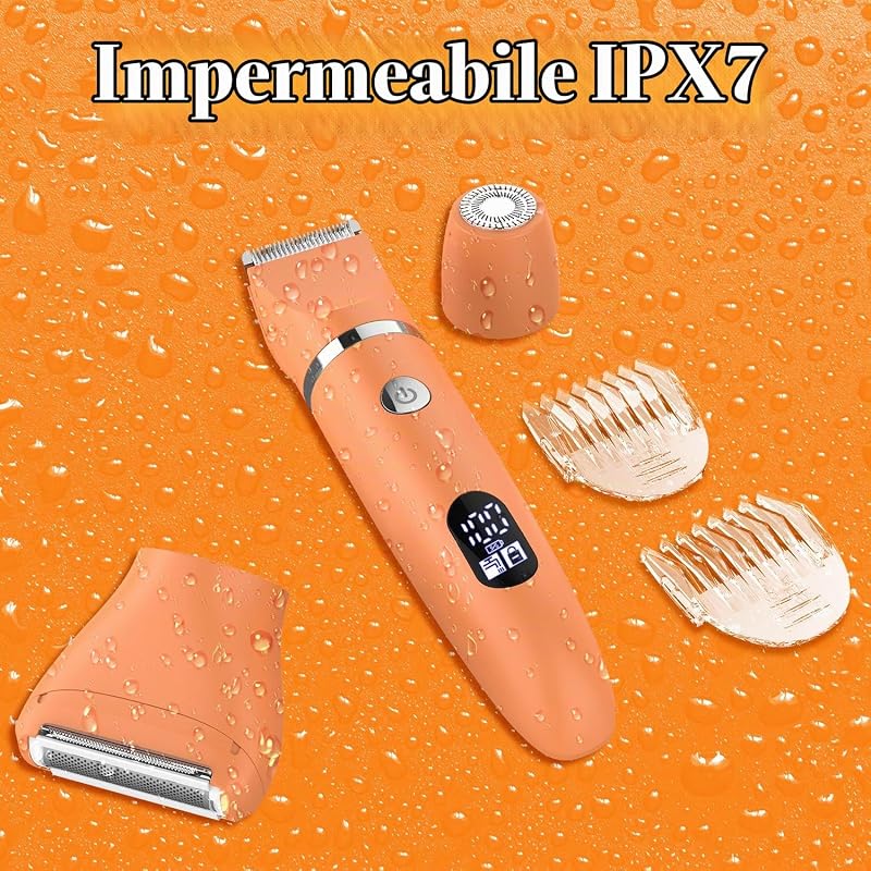 Rasoio elettrico per donna Viso Bikini Corpo Tagliapeli corporeo per donna Epilatore per zona Bikini-Trimmer Impermeabile IPX7 Display LCD Uso a secco/bagnato,Arancione