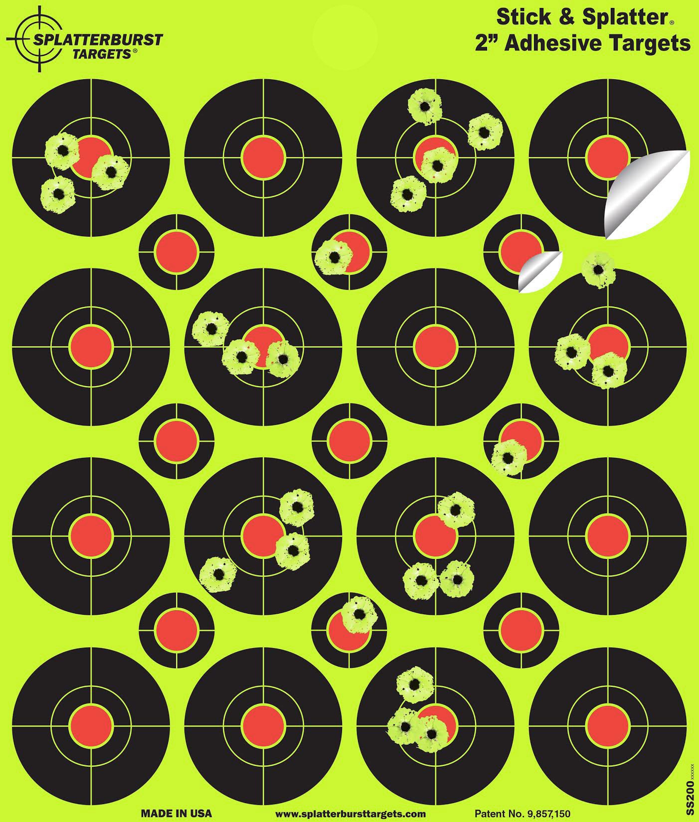 25 Pack - (400) 2" "Stick & Splatter" Adhesive SPLATTERBURST Shooting Targets - Instantly See Your Shots Burst Bright Fluorescent Yellow Upon Impact - Great for all firearms, rifles, pistols, AirSoft, BB & Pellet guns!