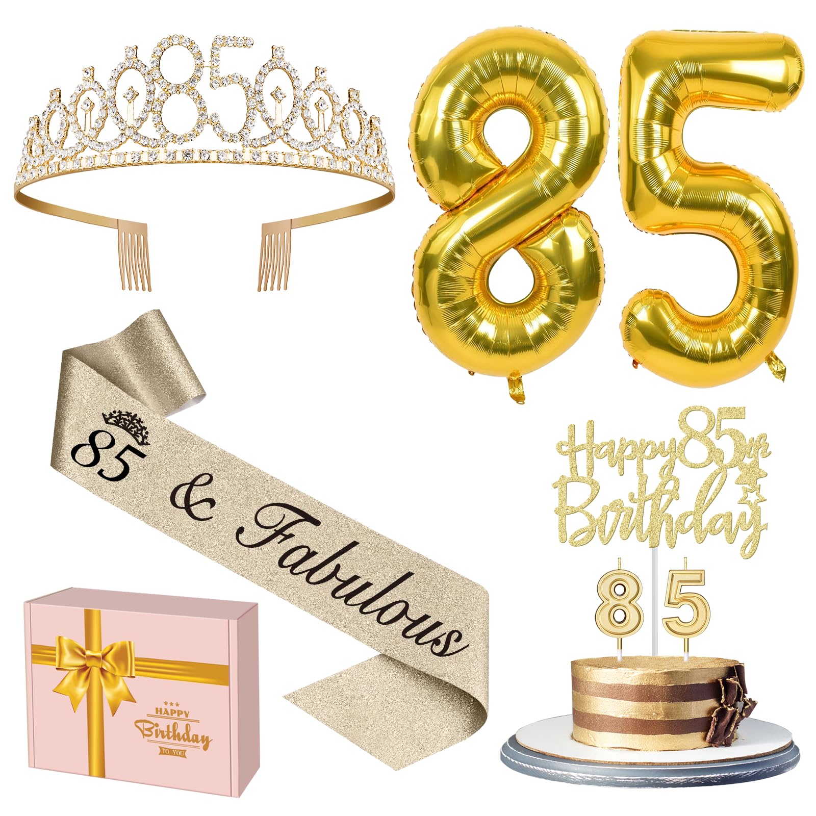 Photo 1 of 85th Birthday Decorations for Women Gold with 85th Birthday Sash and Tiara, Cake Topper and Candles, Number Balloons, 85 Year Old Gifts for Women
