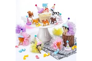 Weysat 27 Pcs Dog Cake Topper Animals Figures Birthday Party Decorations with Mini Hat with Pom Poms Puppy Dog Figure Cupcake Toppers Decoration with Mini Skirt and Hat for Puppy Animals Themed Party