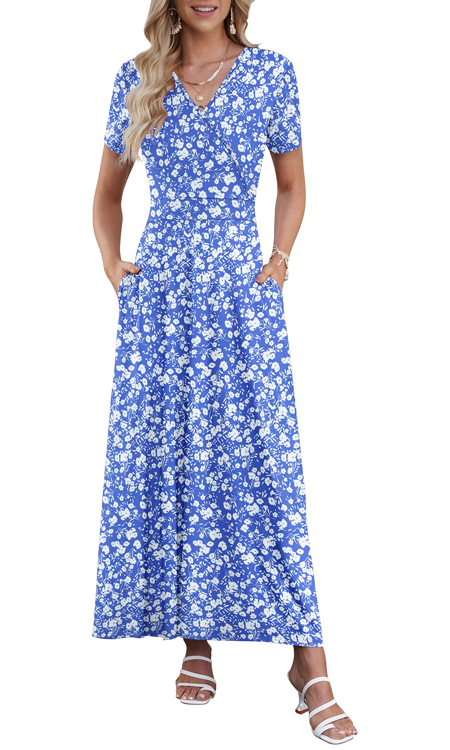 AUSELILY Casual V Neck Empire Waist Wrap A Line Cross Summer Floral Beach Maxi Boho Dresses with Pockets M Image