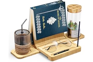 Triangle Book Holder Stand, Wooden Book Nook Reading Valet, Book Rest with Cup, Glasses & Pen Holder, YITOBA Book Display Sta