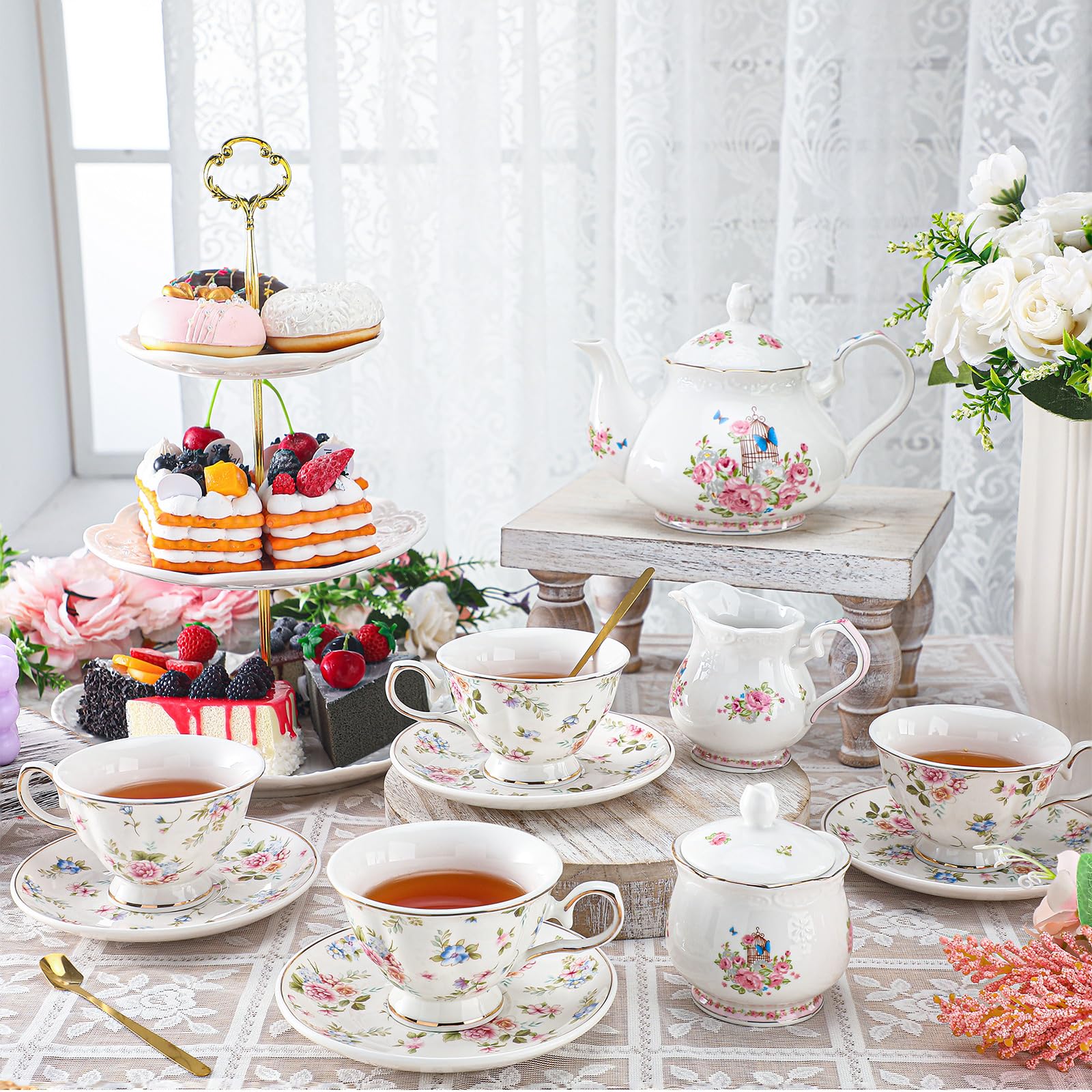 Photo 1 of Vesici 16 Pcs Porcelain Tea Party Set Floral Ceramic Coffee Tea Gift Sets with 3 Tier Cupcake Stand Tea Cup Teapot Set Tea Party Favor Supplies for Girl Women Adult