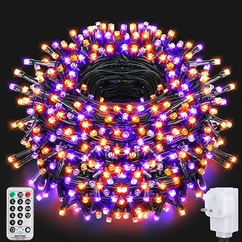WUJUN 105ft 300 LED Christmas Halloween String Lights, End-to-End Plug 8 Modes Memory Function Outdoor Indoor Fairy Lights Christmas Tree, Garden, Party, Wedding, Holiday, Purple to Orange