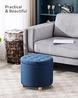 HNNHOME Navy Round Linen Padded Storage Ottoman 45cm view 6