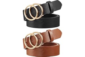 Syhood 2 Pack Women's Leather Belts for Jeans Dresses Fashion Ladies Belt with Gold Double Ring Buckle Brown Black