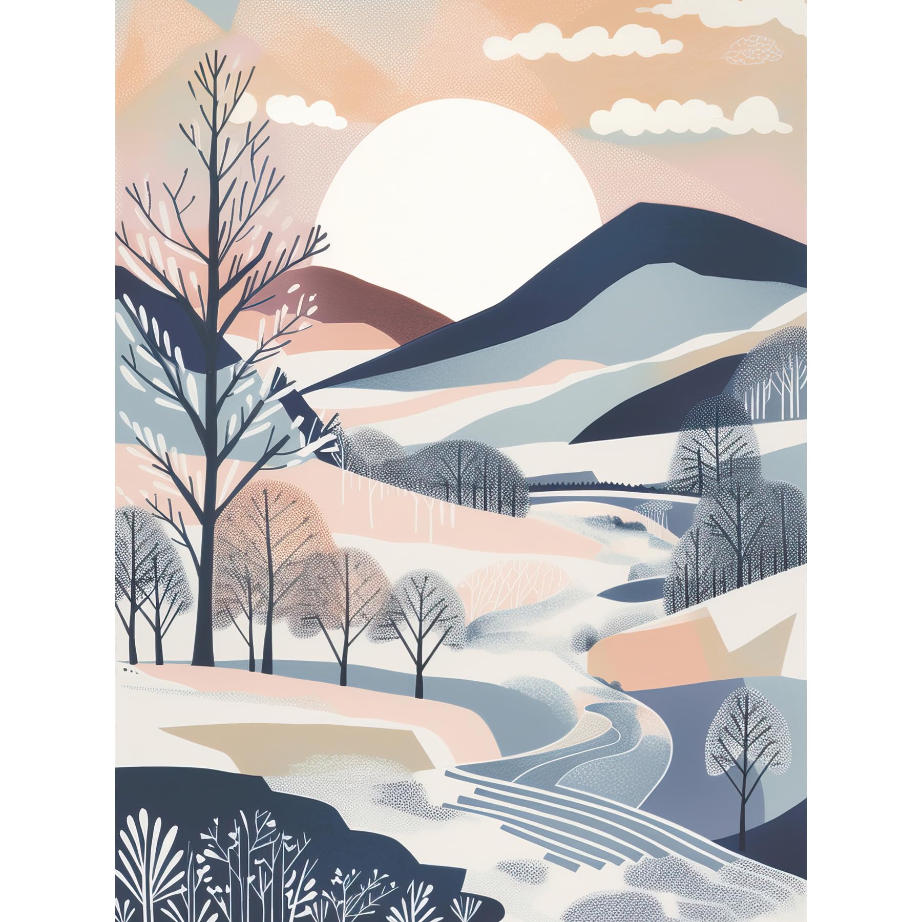 Artery8 Countryside Path in Boho Hill Winter Landscape Extra Large XL Wall Art Poster Print