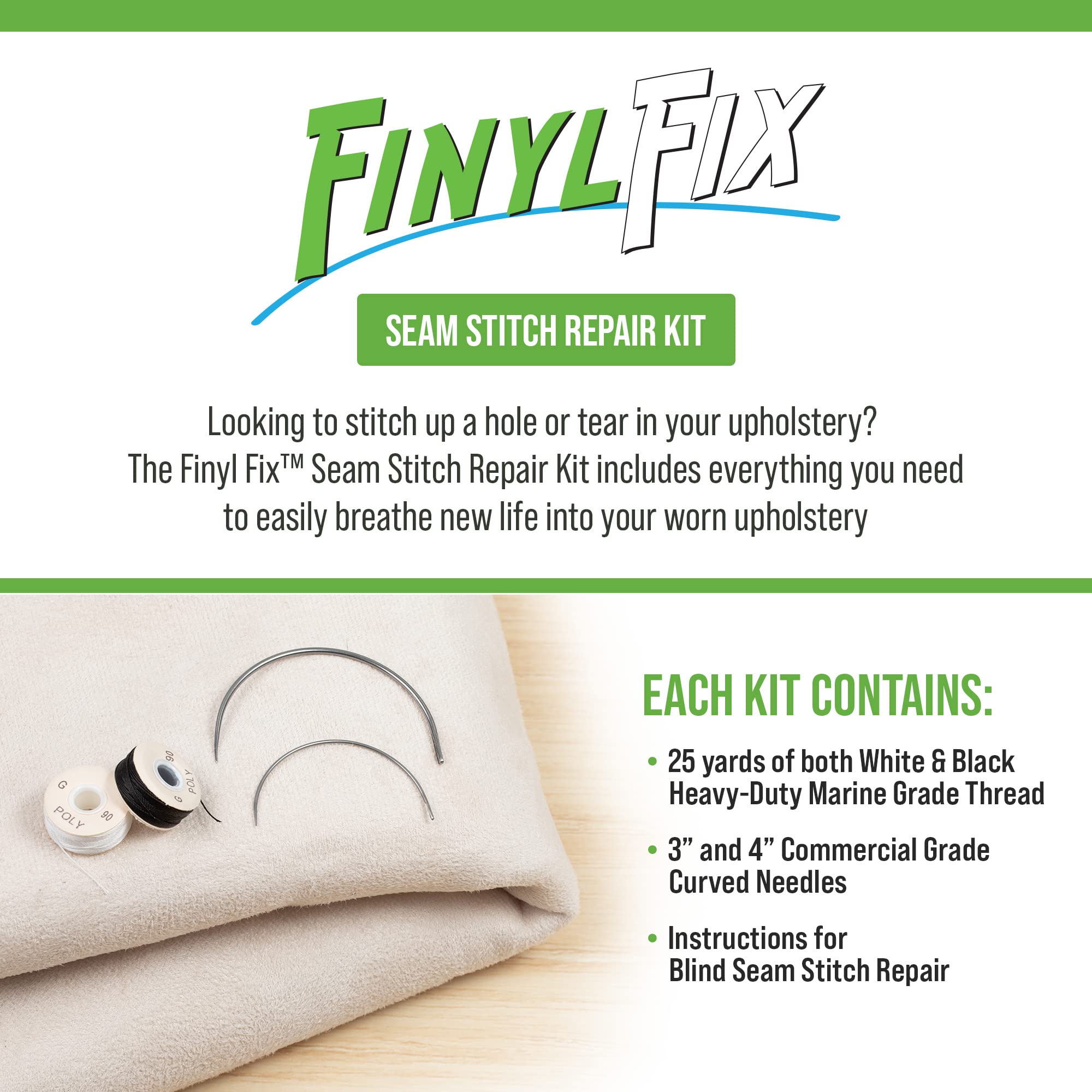 Finyl Fix Seam Stitch Repair Kit | Restore Seam Damage on Vinyl, Fabric, Leather, Heavy Canvas on Car/Boat Seats, Furniture, Clothes | Vinyl Repair Kit, Sewing Kit with Black & White Thread