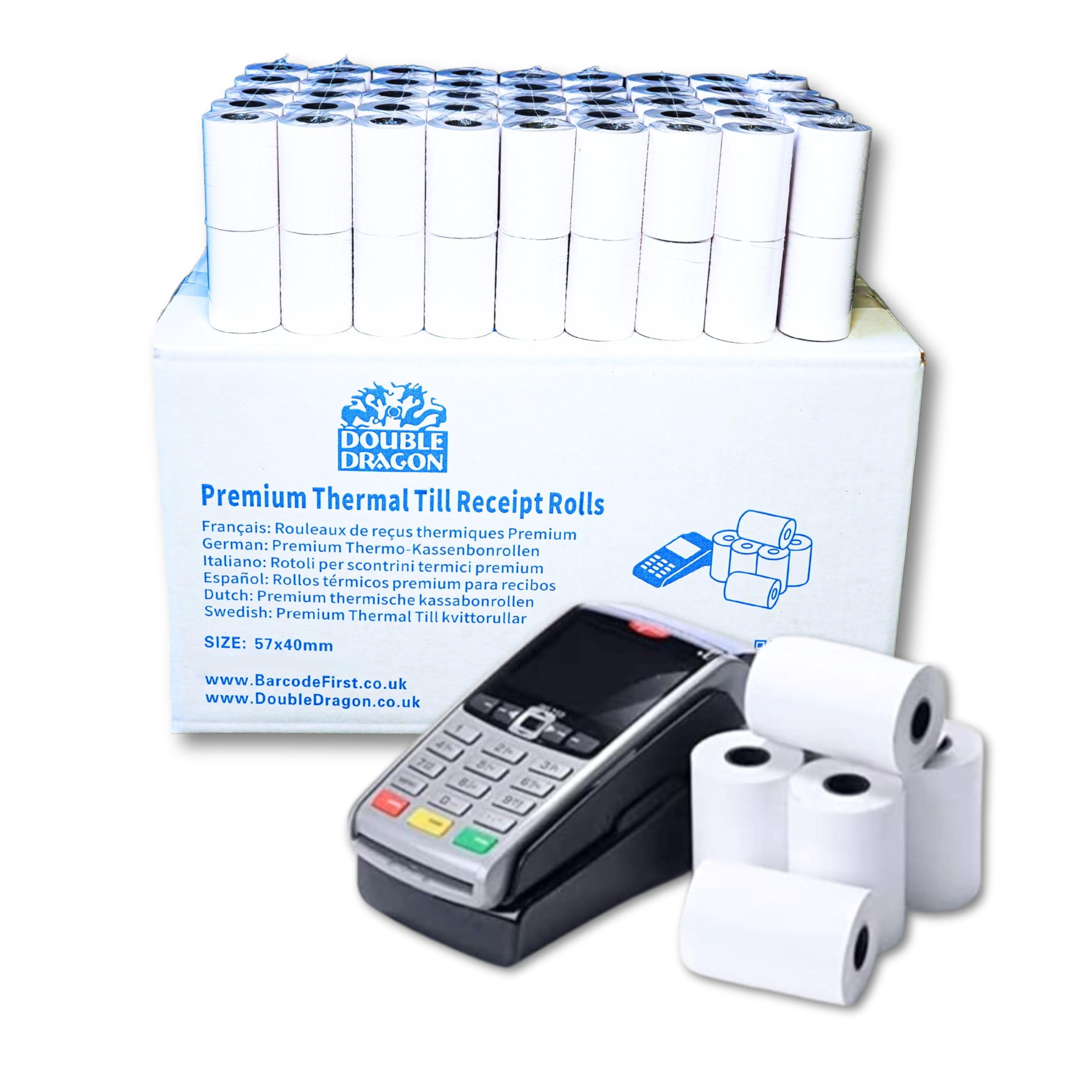 Double Dragon 57x40mm Premium Thermal Paper Rolls – Compatible with Barclays, Ingenico, Pax, Verifone, Worldpay, Spire, POS EPOS PDQ Terminals – Pack of 100